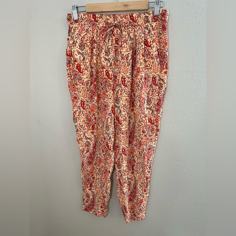Zara Red and Cream Track Pants with Floral Design Size M